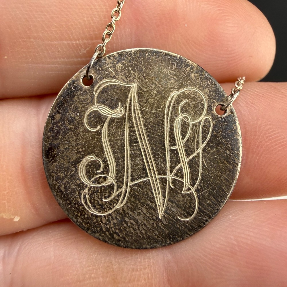 Stella & Dot Engraved Necklace  Love Charm Silver Tone Signed Adjustable 17”